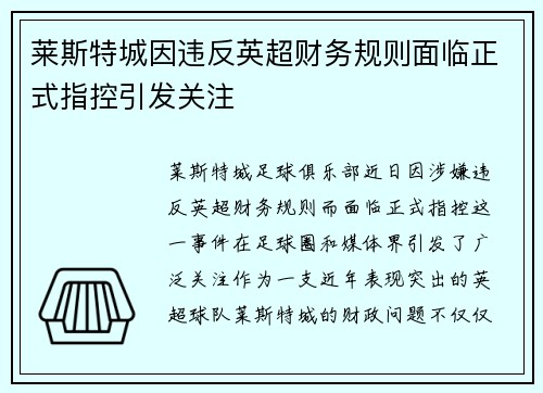 莱斯特城因违反英超财务规则面临正式指控引发关注 莱斯特城因违反英超财务规则面临正式指控引发关注