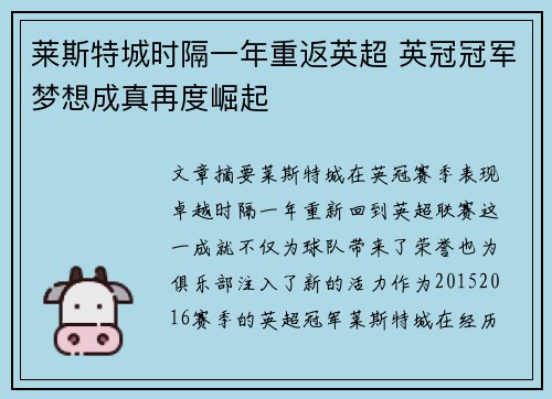 莱斯特城时隔一年重返英超 英冠冠军梦想成真再度崛起