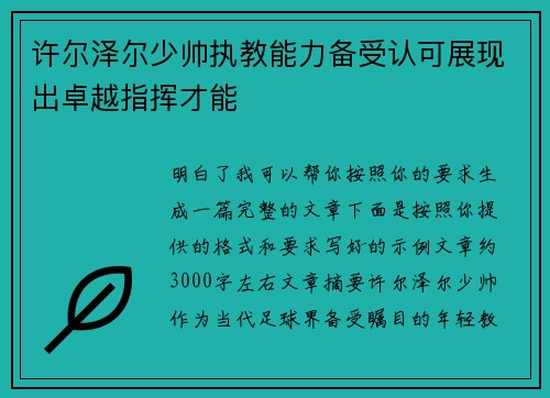 许尔泽尔少帅执教能力备受认可展现出卓越指挥才能